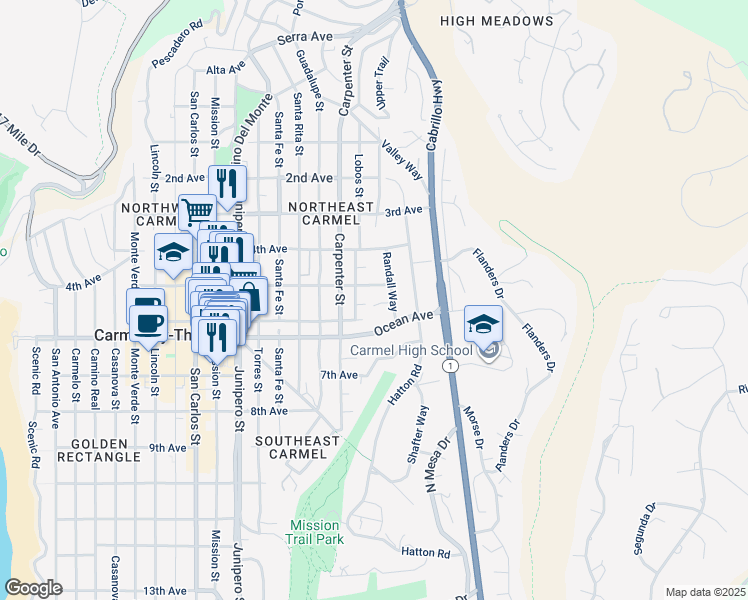 map of restaurants, bars, coffee shops, grocery stores, and more near 25260 Allen Place in Carmel-by-the-Sea