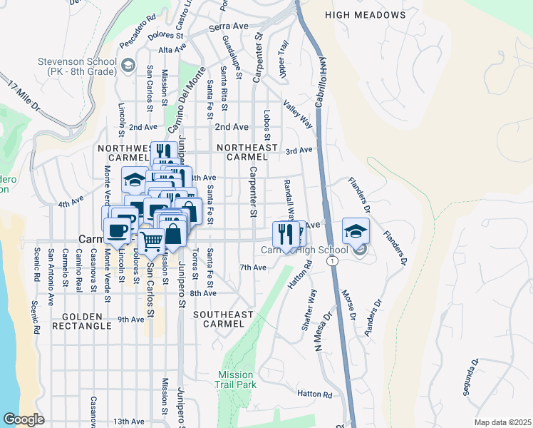 map of restaurants, bars, coffee shops, grocery stores, and more near 2 Perry Newberry Way in Carmel-by-the-Sea