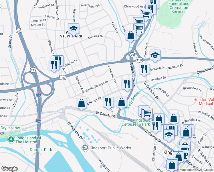 map of restaurants, bars, coffee shops, grocery stores, and more near 526 Bellvue Avenue in Kingsport