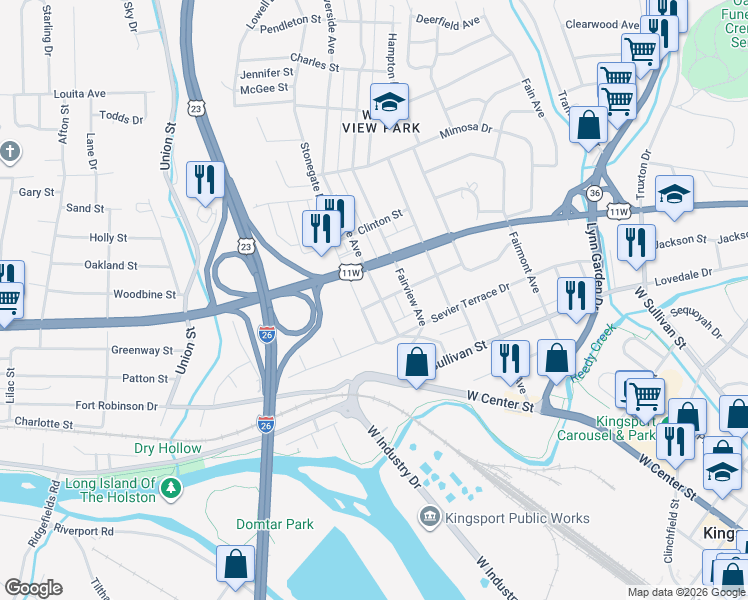 map of restaurants, bars, coffee shops, grocery stores, and more near 713 Plantation Road in Kingsport