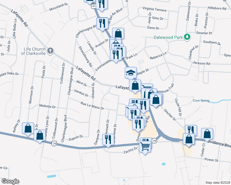 map of restaurants, bars, coffee shops, grocery stores, and more near 287 Stephanie Drive in Clarksville
