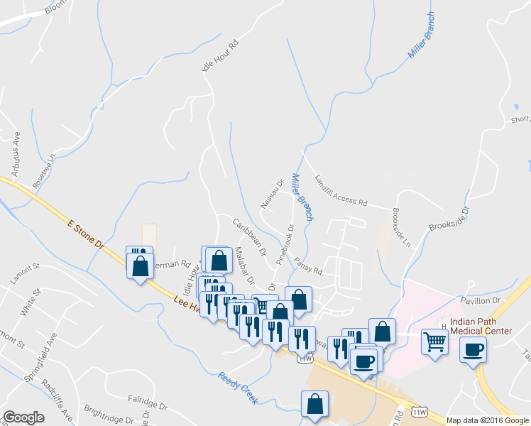 map of restaurants, bars, coffee shops, grocery stores, and more near 1216 Kingston Court in Kingsport