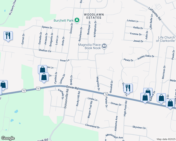 map of restaurants, bars, coffee shops, grocery stores, and more near 102 Lilac Court in Clarksville