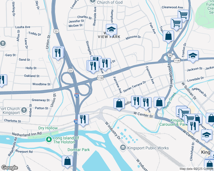 map of restaurants, bars, coffee shops, grocery stores, and more near 713 Plantation Road in Kingsport