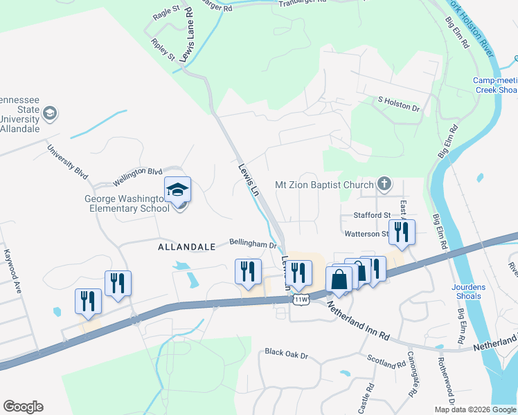 map of restaurants, bars, coffee shops, grocery stores, and more near 328 Lewis Lane in Kingsport