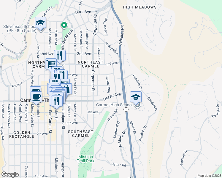 map of restaurants, bars, coffee shops, grocery stores, and more near 25254 Hatton Road in Carmel-by-the-Sea