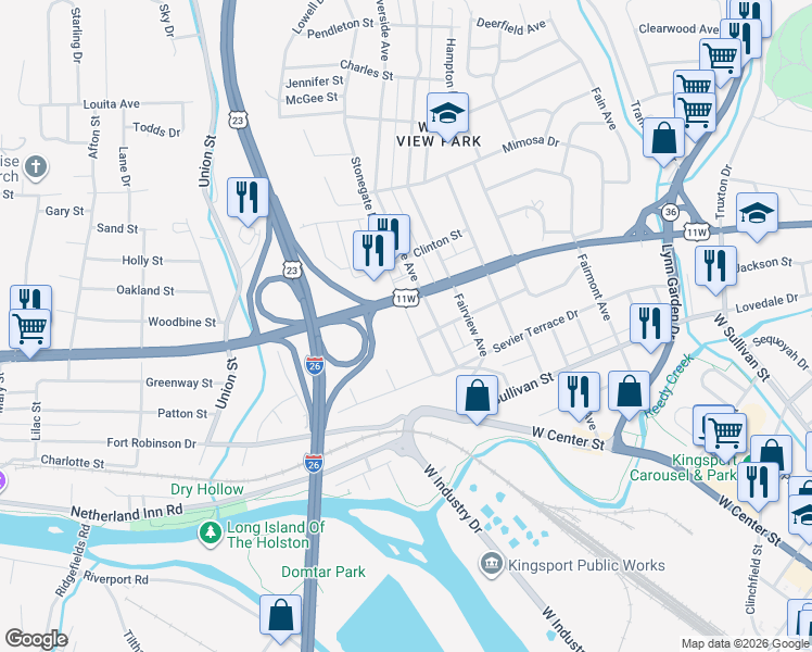 map of restaurants, bars, coffee shops, grocery stores, and more near 713 Plantation Road in Kingsport