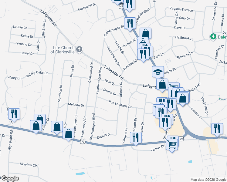 map of restaurants, bars, coffee shops, grocery stores, and more near 307 Verdun Drive in Clarksville