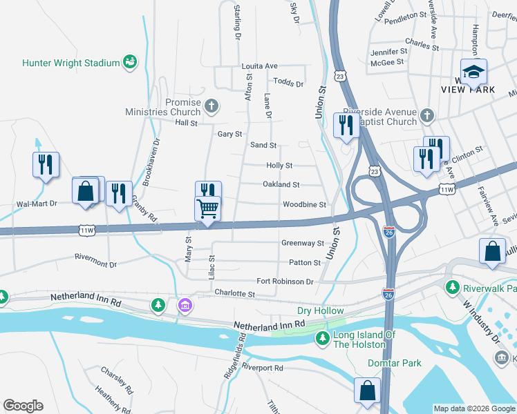 map of restaurants, bars, coffee shops, grocery stores, and more near 2025 Woodbine Street in Kingsport