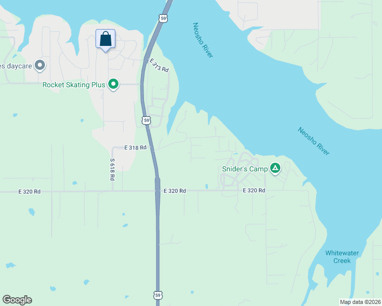 map of restaurants, bars, coffee shops, grocery stores, and more near 62250 East 319 Road in Grove