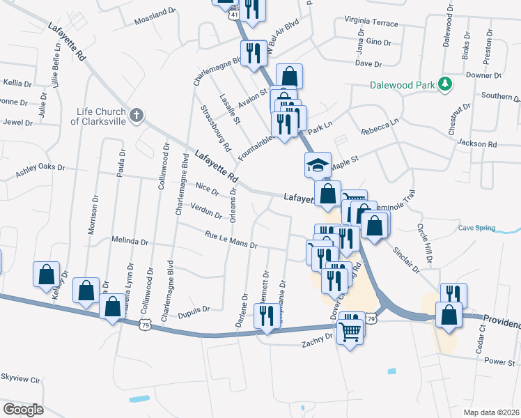 map of restaurants, bars, coffee shops, grocery stores, and more near 104 Darlene Drive in Clarksville