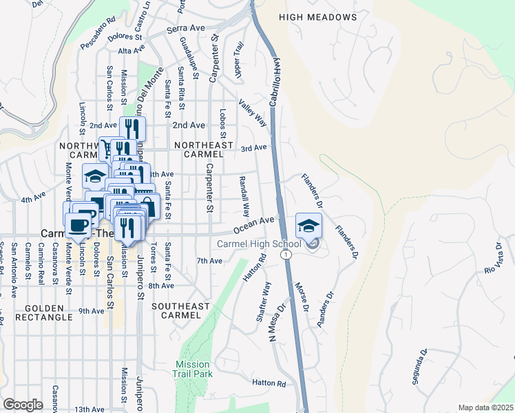 map of restaurants, bars, coffee shops, grocery stores, and more near 25254 Hatton Road in Carmel-by-the-Sea