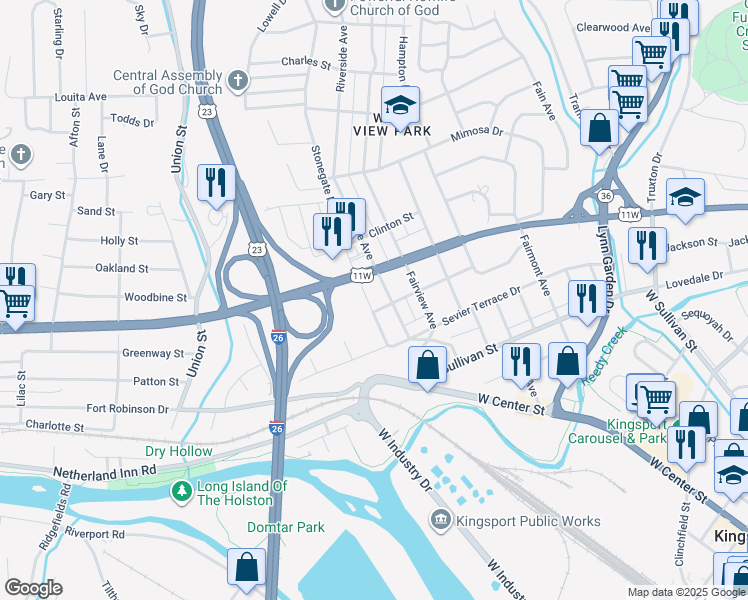 map of restaurants, bars, coffee shops, grocery stores, and more near 713 Plantation Road in Kingsport