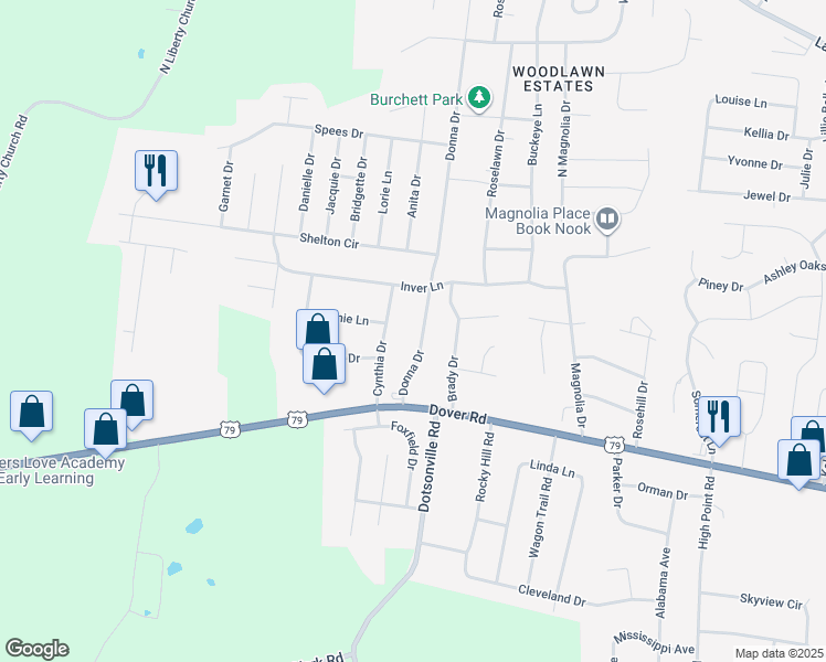 map of restaurants, bars, coffee shops, grocery stores, and more near 570 Donna Drive in Clarksville