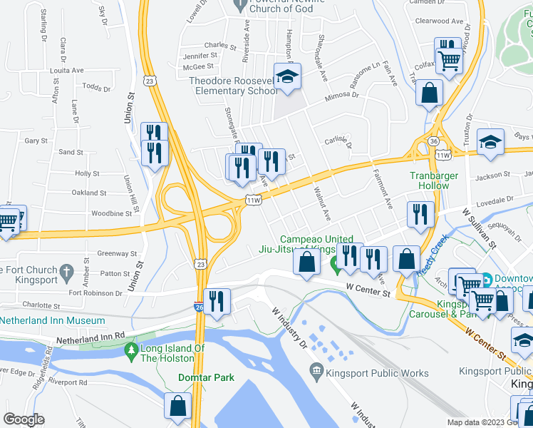 map of restaurants, bars, coffee shops, grocery stores, and more near 717 Plantation Road in Kingsport