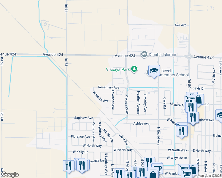 map of restaurants, bars, coffee shops, grocery stores, and more near 1076 Rosemary Avenue in Dinuba