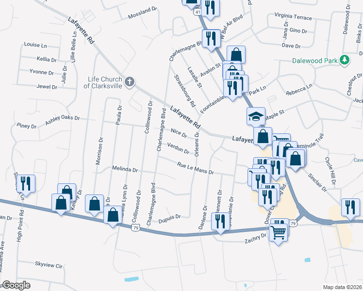 map of restaurants, bars, coffee shops, grocery stores, and more near 307 Verdun Drive in Clarksville