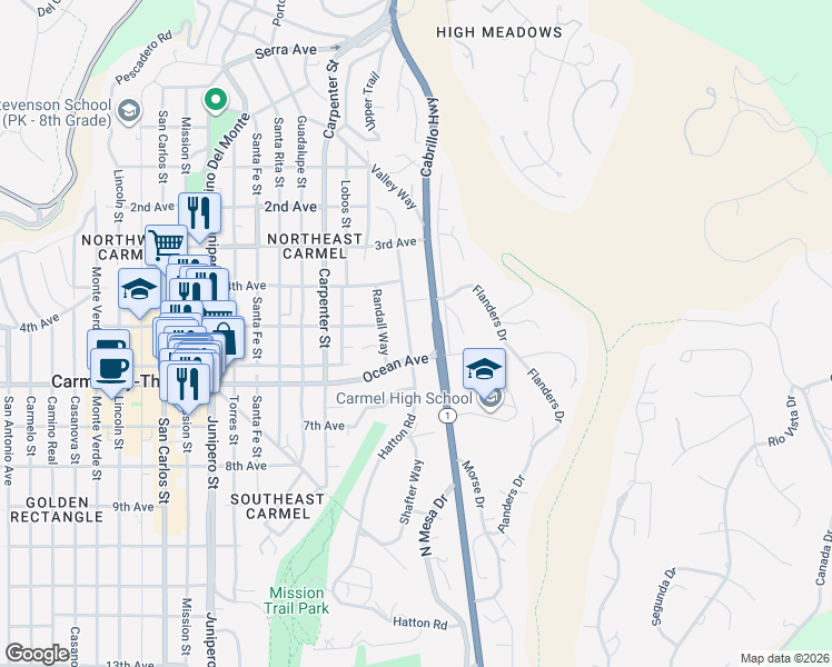 map of restaurants, bars, coffee shops, grocery stores, and more near 25254 Hatton Road in Carmel-by-the-Sea