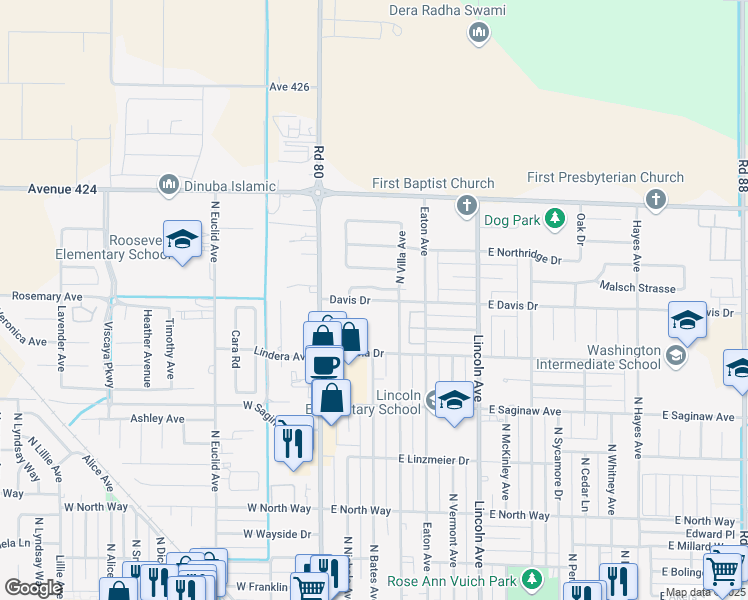 map of restaurants, bars, coffee shops, grocery stores, and more near Davis Drive in Dinuba