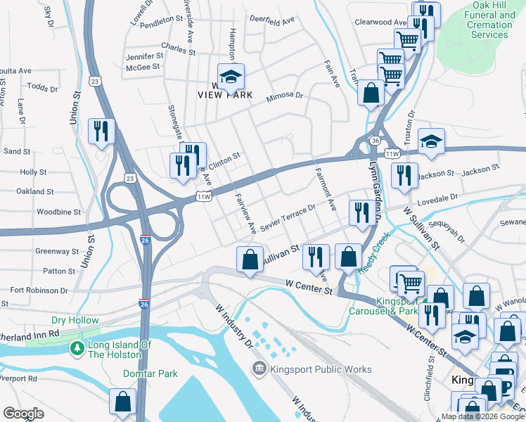 map of restaurants, bars, coffee shops, grocery stores, and more near 622 Walnut Avenue in Kingsport