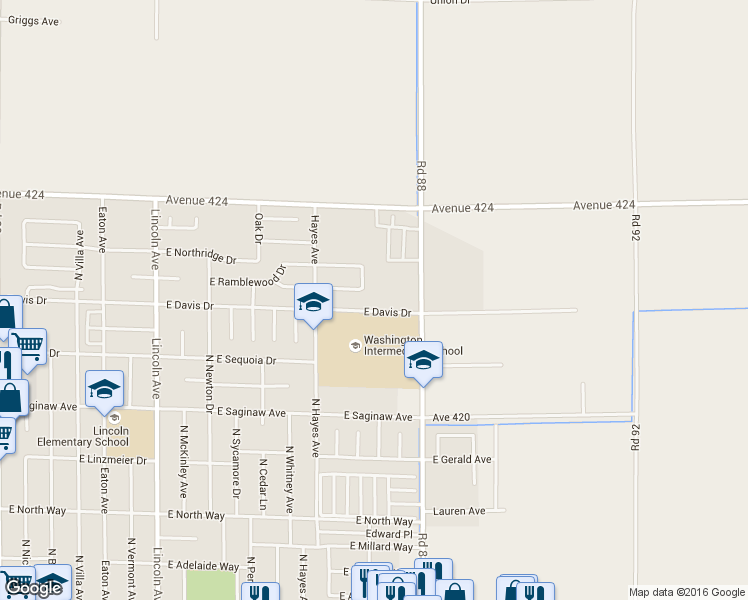 map of restaurants, bars, coffee shops, grocery stores, and more near 1471 East Davis Drive in Dinuba