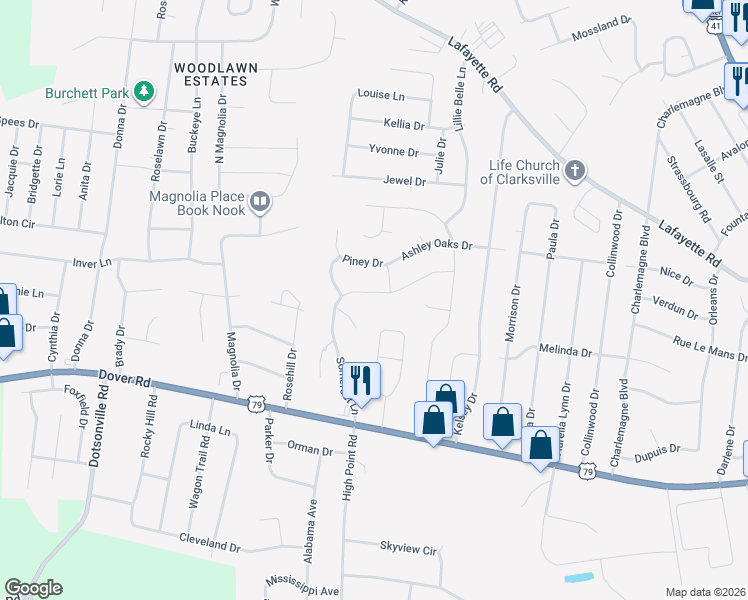 map of restaurants, bars, coffee shops, grocery stores, and more near 548 Somerset Lane in Clarksville