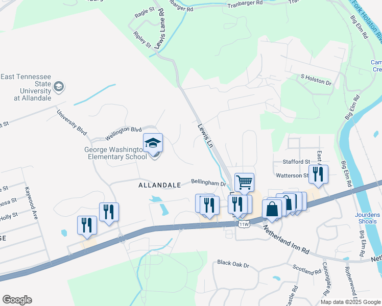 map of restaurants, bars, coffee shops, grocery stores, and more near 316 Ferndale Lane in Kingsport