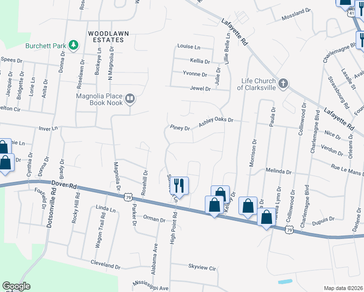 map of restaurants, bars, coffee shops, grocery stores, and more near 548 Somerset Lane in Clarksville