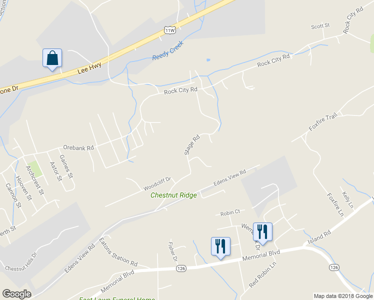 map of restaurants, bars, coffee shops, grocery stores, and more near 1229 Stage Road in Kingsport