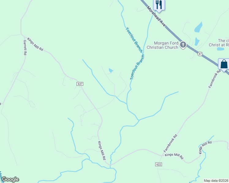 map of restaurants, bars, coffee shops, grocery stores, and more near 473 Bunk Creek Drive in Ridgeway