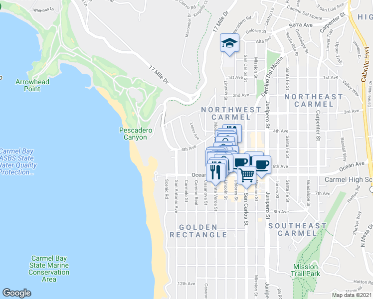 map of restaurants, bars, coffee shops, grocery stores, and more near Carmelo Street & 4th Avenue in Carmel