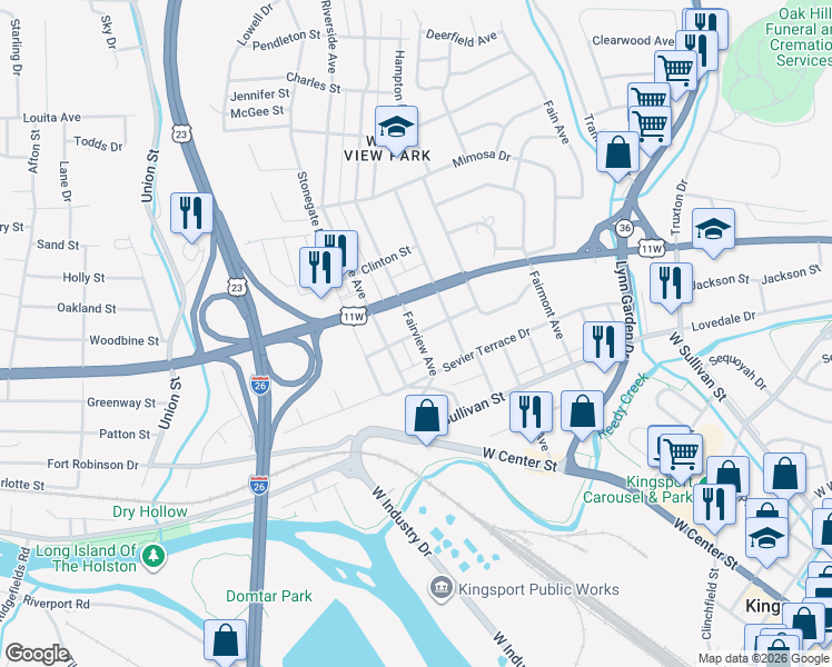 map of restaurants, bars, coffee shops, grocery stores, and more near 1501 Putnam Street in Kingsport