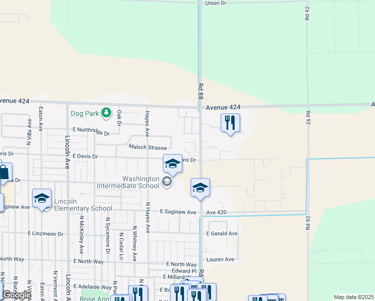 map of restaurants, bars, coffee shops, grocery stores, and more near 1471 East Davis Drive in Dinuba