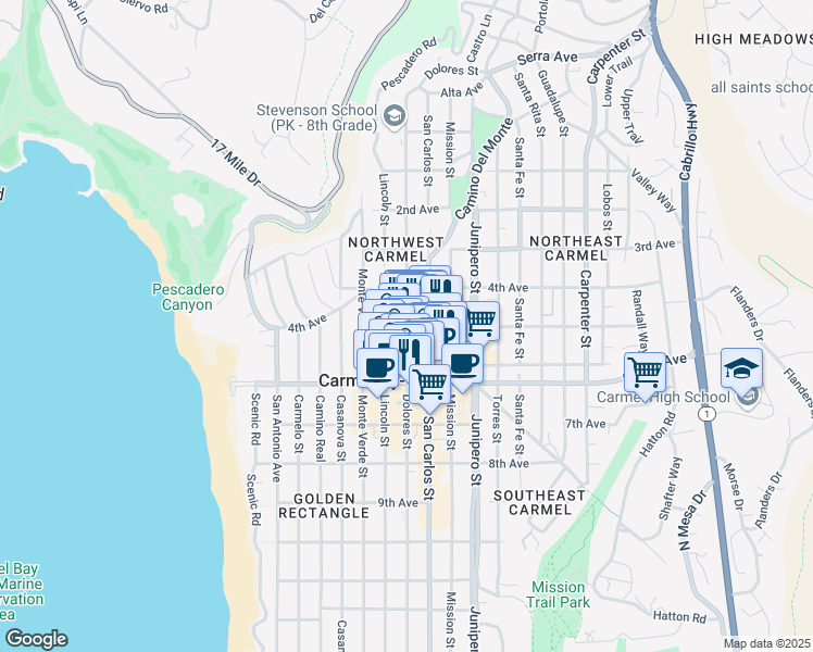 map of restaurants, bars, coffee shops, grocery stores, and more near in Carmel-by-the-Sea