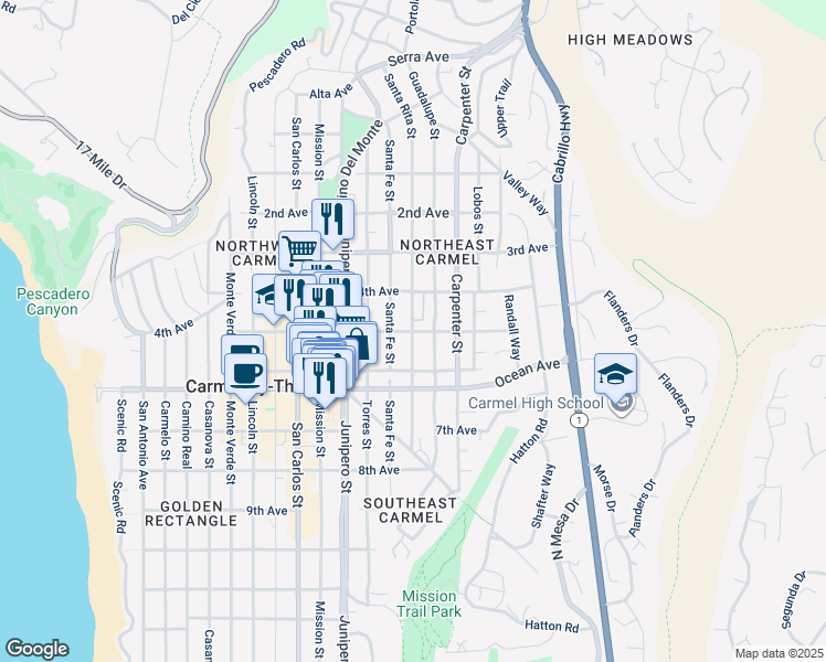 map of restaurants, bars, coffee shops, grocery stores, and more near Santa Rita St & 5th Ave in Carmel-by-the-Sea