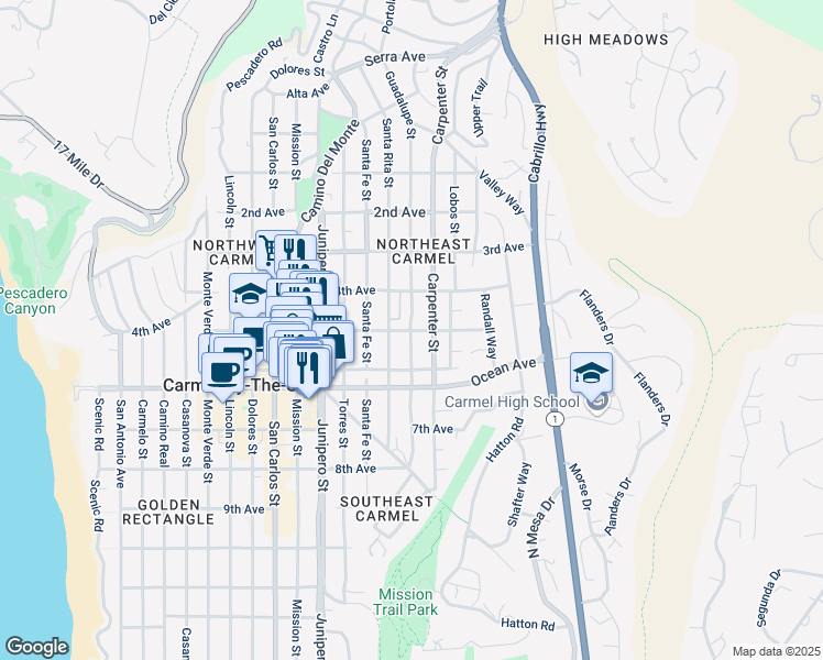 map of restaurants, bars, coffee shops, grocery stores, and more near Guadalupe Street & 5th Avenue in Carmel
