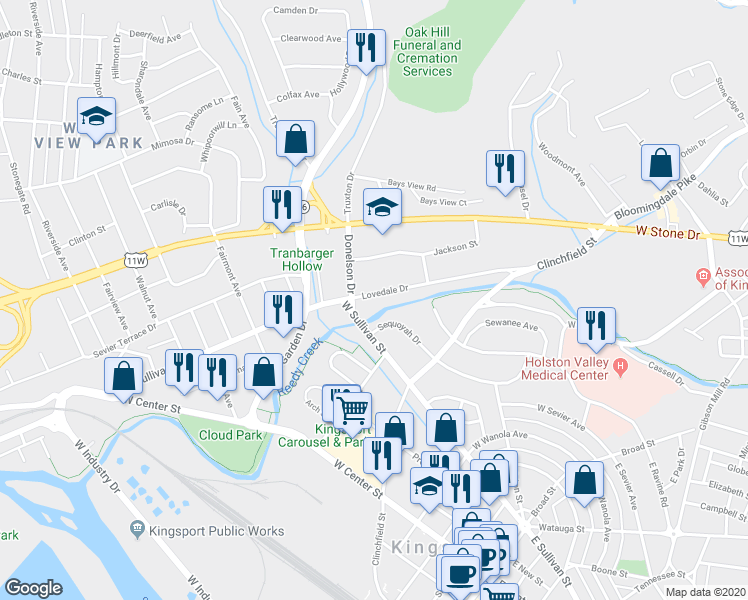 map of restaurants, bars, coffee shops, grocery stores, and more near 649 Lovedale Drive in Kingsport