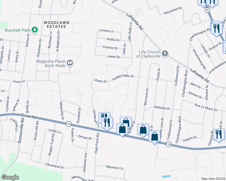 map of restaurants, bars, coffee shops, grocery stores, and more near 25 Walker Circle in Clarksville