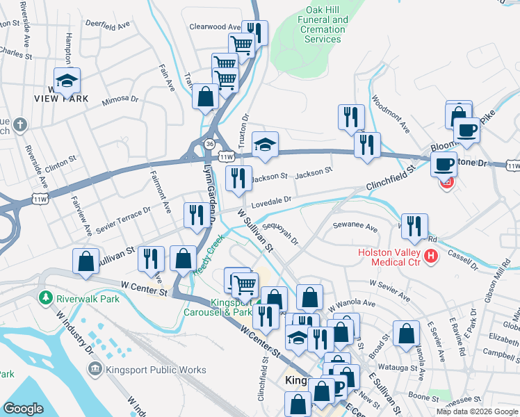 map of restaurants, bars, coffee shops, grocery stores, and more near 649 Lovedale Drive in Kingsport