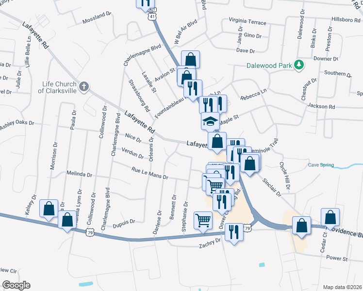 map of restaurants, bars, coffee shops, grocery stores, and more near 287 Stephanie Drive in Clarksville