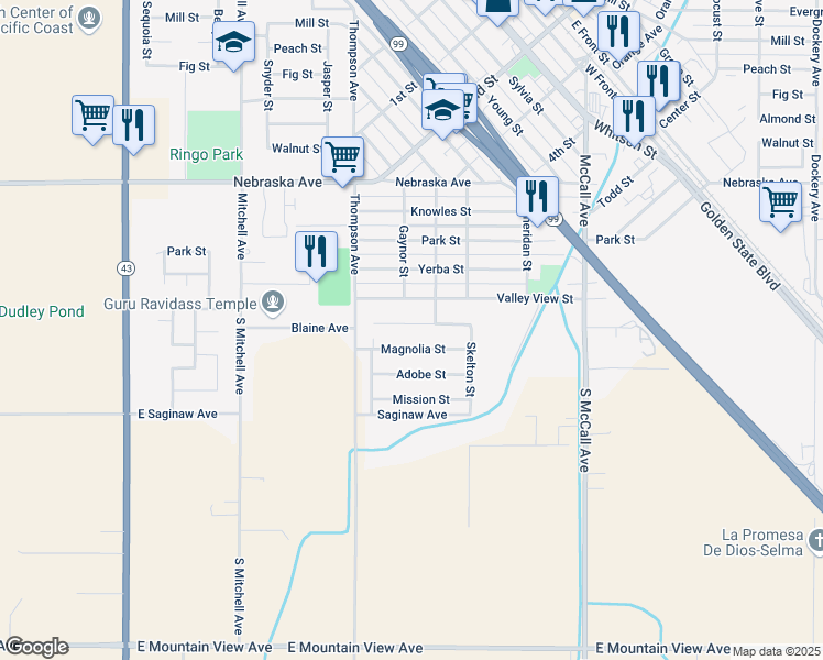 map of restaurants, bars, coffee shops, grocery stores, and more near 2324 Magnolia Street in Selma