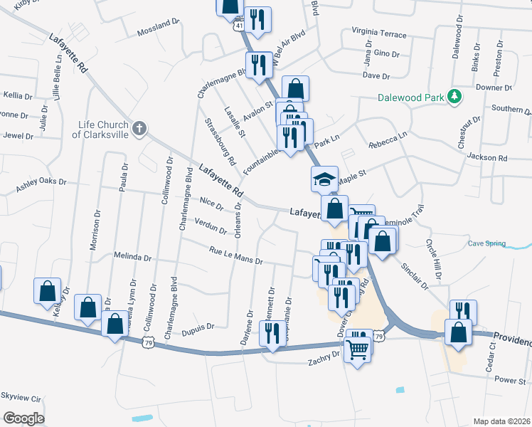 map of restaurants, bars, coffee shops, grocery stores, and more near 104 Darlene Drive in Clarksville