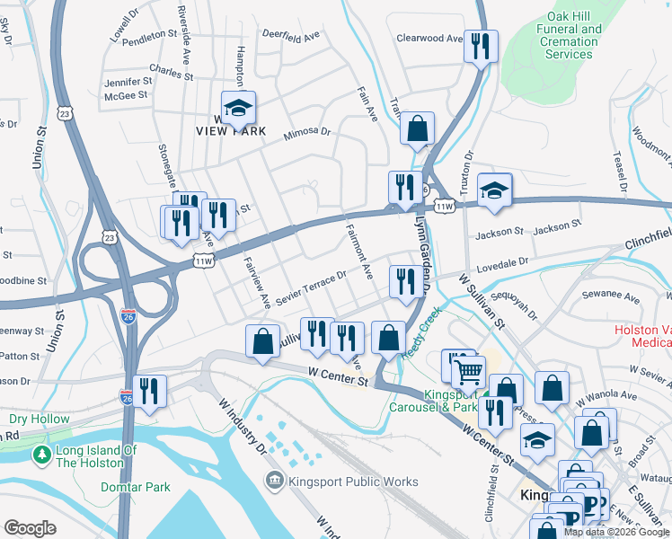 map of restaurants, bars, coffee shops, grocery stores, and more near 526 Bellvue Avenue in Kingsport