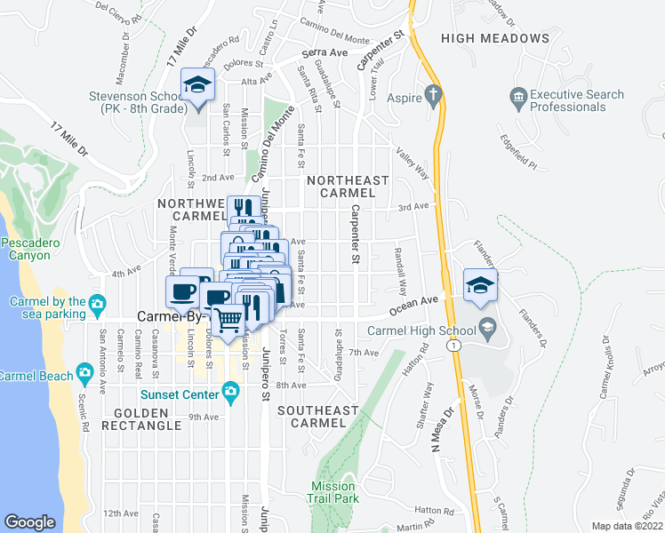 map of restaurants, bars, coffee shops, grocery stores, and more near 26 Guadalupe Street in Carmel-by-the-Sea