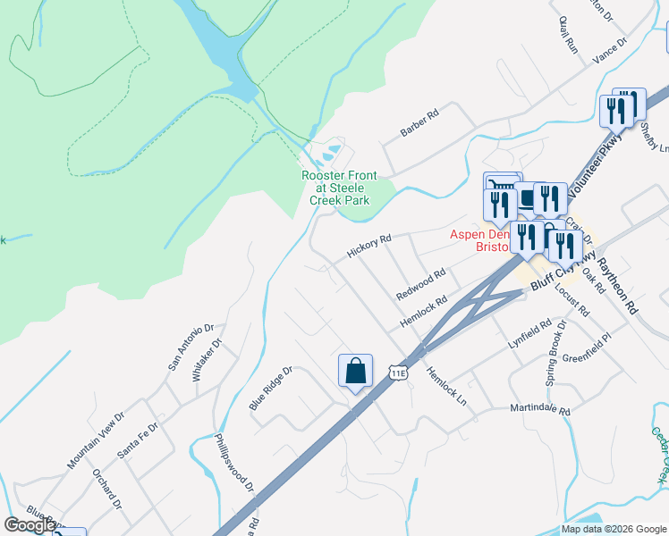 map of restaurants, bars, coffee shops, grocery stores, and more near 523 Hickory Road in Bristol