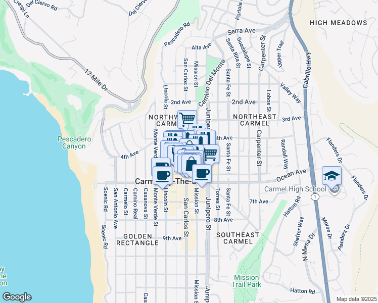 map of restaurants, bars, coffee shops, grocery stores, and more near 6 San Carlos Street in Carmel-by-the-Sea