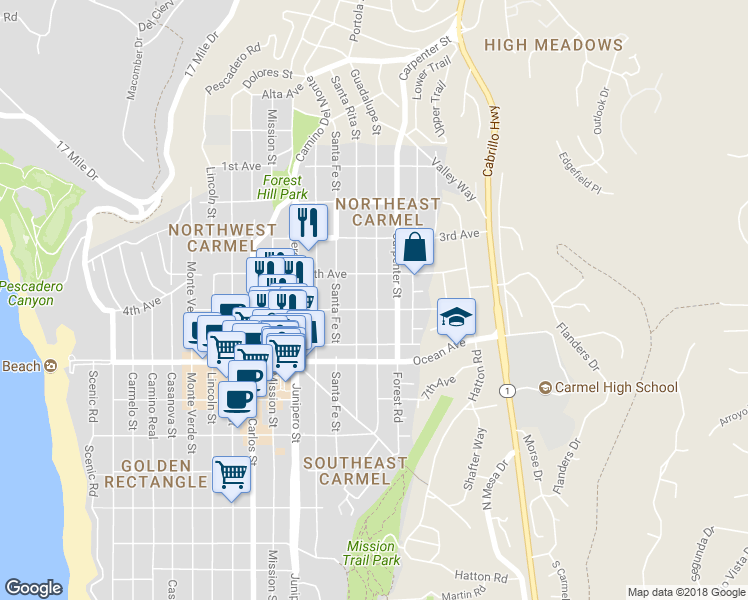map of restaurants, bars, coffee shops, grocery stores, and more near 26 Guadalupe Street in Carmel