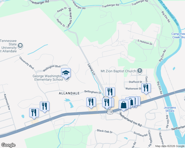 map of restaurants, bars, coffee shops, grocery stores, and more near 328 Lewis Lane in Kingsport