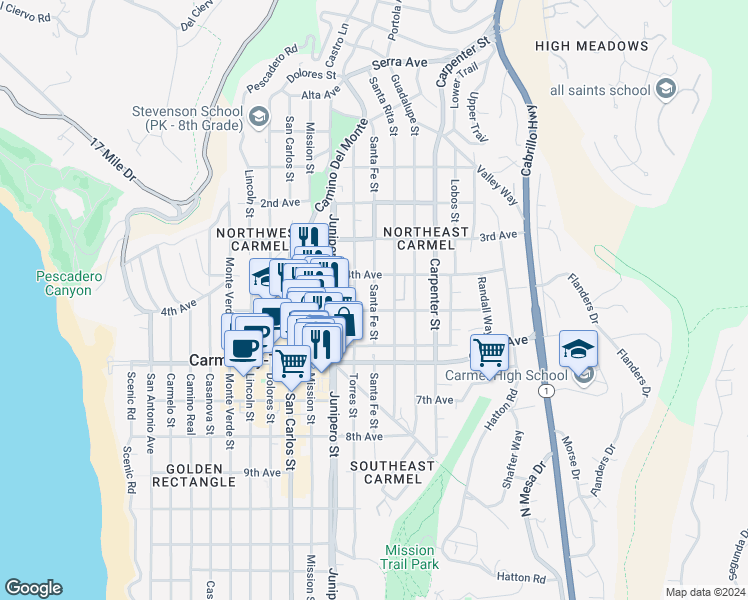 map of restaurants, bars, coffee shops, grocery stores, and more near Santa Fe Street in Carmel-by-the-Sea
