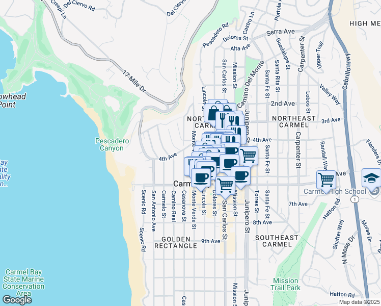 map of restaurants, bars, coffee shops, grocery stores, and more near 2 Monte Verde Street in Carmel-by-the-Sea